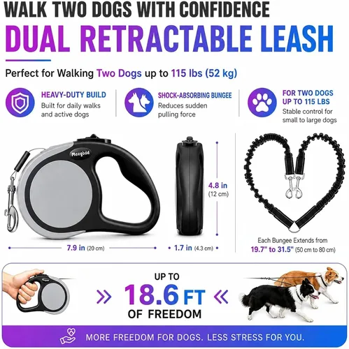 Miniatura 2 de Correa doble retráctil para perros de hasta 115 libras – Correas de acoplamiento de 18.6 pies para perros pequeños y medianos – Un sistema de Gris