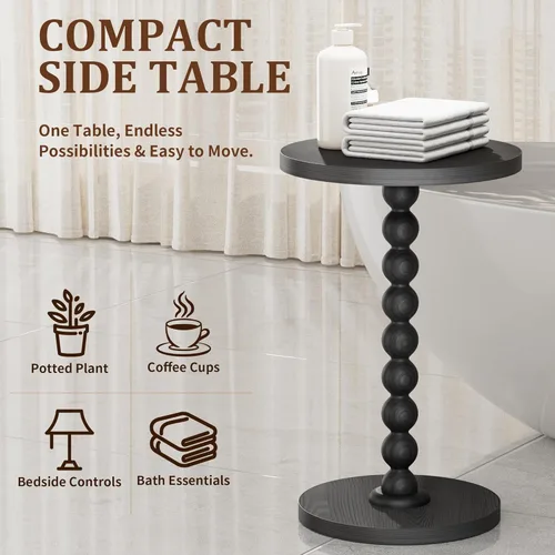 Miniatura 5 de Mesa auxiliar redonda, mesa de bebidas para espacios pequeños, mesita de noche moderna con patas de madera de goma para sala de estar, dormitorio