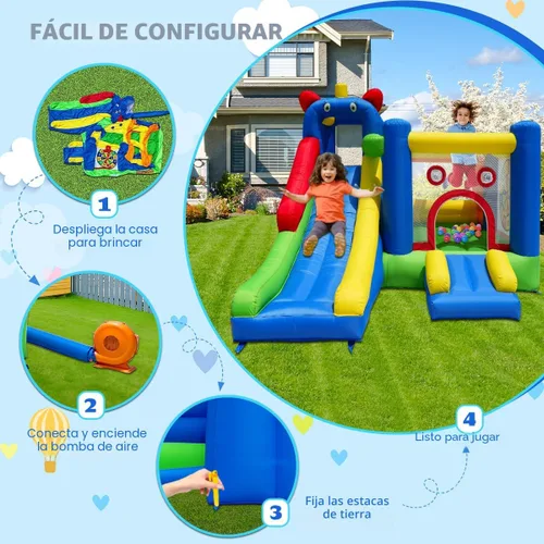 Miniatura 6 de Casa de rebote inflable HuaKastro - Área de juego inflable con obstáculo de barra transversal en gran área de rebote, 1x tobogán alto y 1x pequeño