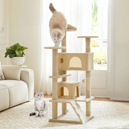 Miniatura 9 de DUMOS Torre grande de árbol para gatos de 66 pulgadas, torre alta de escalada para gatos de varios niveles con postes rascadores de sisal natural