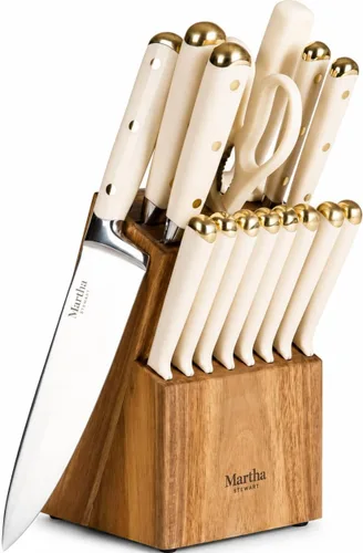 Miniatura 8 de Martha Stewart Juego de 16 cuchillos de cocina Lockton de acero inoxidable de alto carbono con mango forjado triple remachado de ABS, bloque