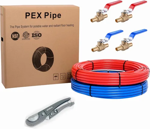 EFIELD Pex-b Tubos con certificación NSF azul y rojo de 1/2 pulgada, 2 x 100 pies (200 pies) de longitud y 4 válvulas de bola de cierre Pex de 1/2