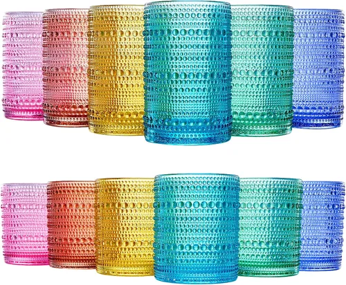 Khen Vasos de vidrio para beber con cuentas de perno | Juego de 12 | Color, diseño de burbujas vintage, cristalería de whisky estilo antiguo, diseño