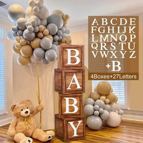 Cajas de globos marrones para bebé con 27 letras - 4 piezas de bloques para baby shower con veta de madera y letras A-Z+B decoración de bosque y oso