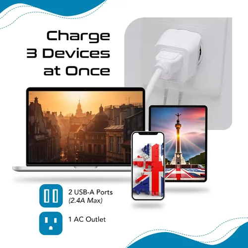 Miniatura 6 de Ceptics UK, Hong Kong, CTU-7-2PK Adaptador de enchufe de viaje para Irlanda con USB dual - Tipo G - Londres - Entrada EE. UU. - Peso ligero