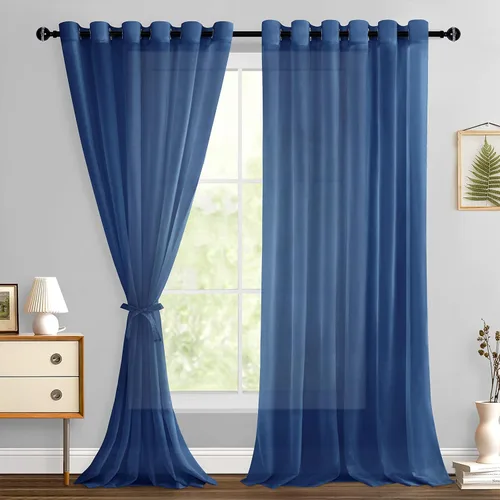 Miniatura 148 de Hiasan - Cortinas traslúcidas de gasa cortas semitransparentes con ojales y alzapaños filtrantes de luz para ventana, dormitorio, baño, 2 paneles