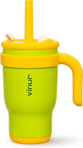 VINUR Vaso para niños con asa - 14 oz de acero inoxidable con aislamiento al vacío de doble pared con tapa y pajita, vaso de agua de viaje para