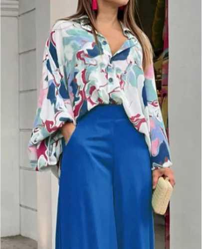 Miniatura 3 de ThusFar Conjunto casual de dos piezas para mujer conjunto de camisa con botones y pantalones largos de pierna ancha palazzo