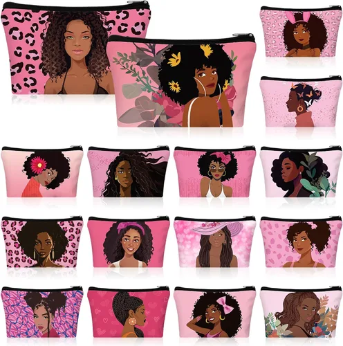 Mumufy 16 bolsas de maquillaje negras para mujer, bolsa de maquillaje afroamericana, bolsa de cosméticos de lona, bolsas reutilizables con