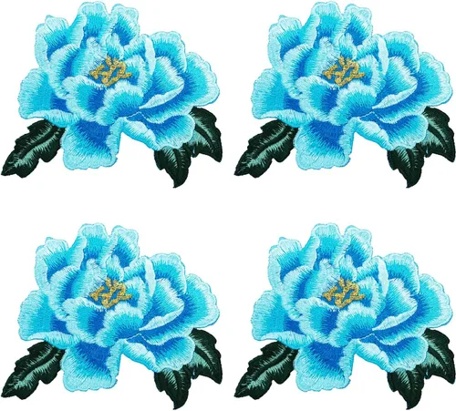 Mini Skater Parche bordado floral de peonía para planchar o coser, parche decorativo para ropa, chaquetas de mezclilla, camisetas, vestidos, Azul