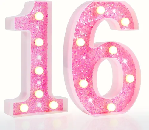 Miniatura 40 de Pooqla Luces de números de marquesina, números de luz rosa para niñas de 10.º cumpleaños, funciona con pilas, luz nocturna de número con purpurina