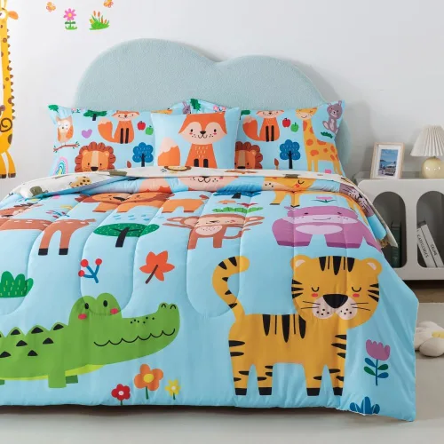 Miniatura 4 de lishjekee Juego de edredón de 6 piezas con diseño de animales de la selva para niños, juego de ropa de cama en una bolsa para niños y niñas