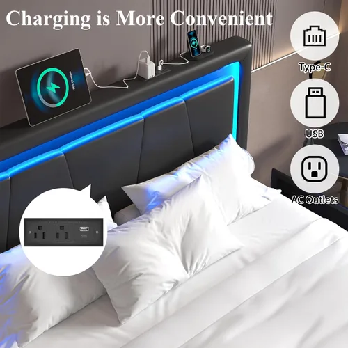 Miniatura 6 de LoVinson Base de cama tamaño completo con 4 cajones de almacenamiento, camas de plataforma de metal con cabecera ajustable, estación de carga Negro