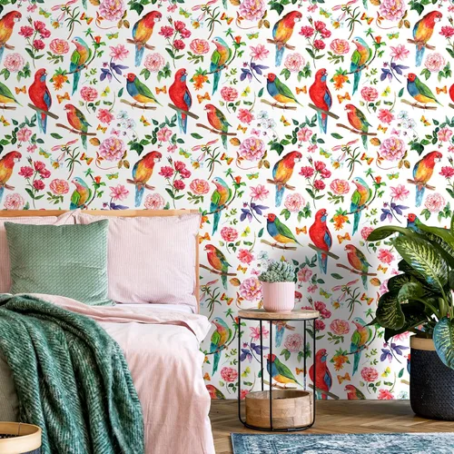 Miniatura 3 de Papel tapiz de 24 x 118 pulgadas de ancho, diseño floral de peonía y pájaro, papel tapiz de hojas de vinilo extraíble, autoadhesivo de mariposa