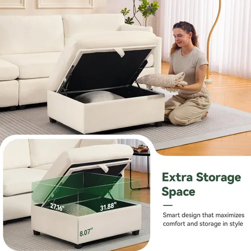 Miniatura 7 de Sofá modular de 109 pulgadas, sofá en forma de L con otomana de almacenamiento, cómodo sofá nube con asiento profundo, sofás seccionales Beige