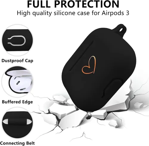 Miniatura 2 de Funda compatible con AirPods 3 2021, funda de silicona suave con patrón de corazón dorado para AirPods de 3ª generación con bonito llavero de Negro