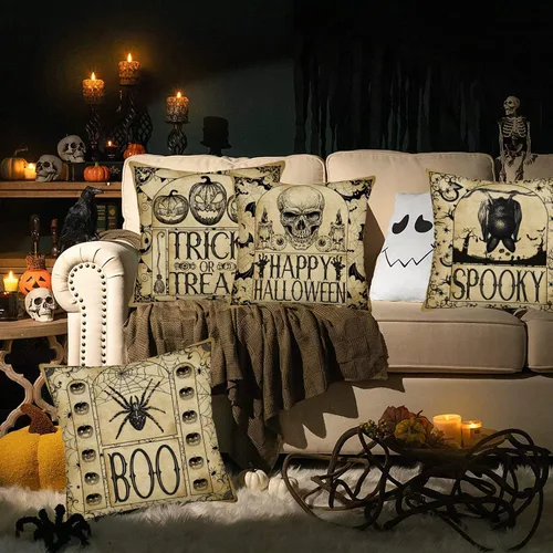 Miniatura 2 de Juego de 4 fundas de almohada de 16 x 16 pulgadas con texto en inglés «Happy Halloween» de Halloween con diseño de calabaza espeluznante y B Vintage