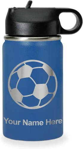 Miniatura 65 de LaserGram Botella de agua personalizada, pelota de fútbol, acero inoxidable de doble pared aislada al vacío con popote superior, regalo grabado