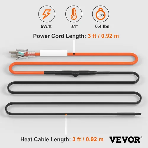Miniatura 7 de VEVOR Cable de calefacción de tubería autorregulable, cinta térmica de 3 pies y 5 W/pies para protección contra congelación de tuberías, cable
