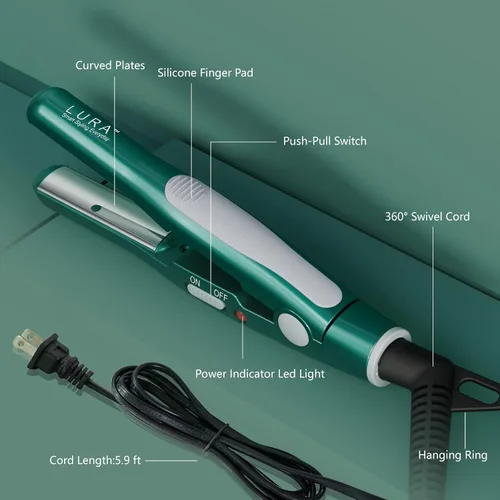 Miniatura 7 de Plancha plana pequeña para corte de pelo Pixie: alisadora de platos curvados de nanotanio de 1/2 pulgada, mini alisador de pelo de viaje para Verde