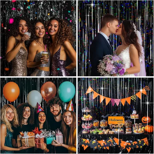 Miniatura 4 de Paquete de 4 cortinas de flecos de papel de aluminio negro, fondo de oropel metálico con purpurina para cumpleaños, bodas, despedidas de soltera