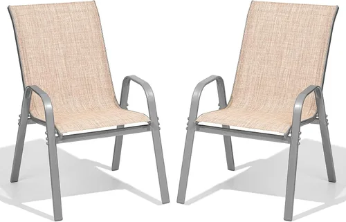 Juego de 2 sillas de patio, sillas de comedor exterior apilables de fácil montaje con respaldo alto y asiento ancho, sillas exteriores transpirables