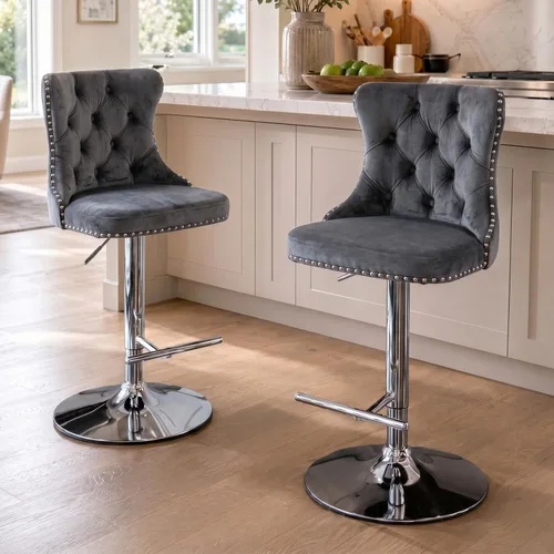 Miniatura 85 de SoarFlash Juego de 2 taburetes de bar tapizados de terciopelo moderno con patas de madera, botones acolchados, cabeza de clavo cromada, asiento