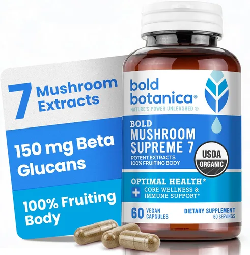 Bold Botanica Mushroom Supreme 7 - Suplemento de hongos - Extractos orgánicos de cola de pavo, chaga, phellinus, reishi, cordyceps, maitake,