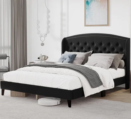 Miniatura 3 de Base de cama tamaño Queen, plataforma tapizada con cabecera de ala y diseño capitoné de botones, soporte de listones de madera, fácil montaje,