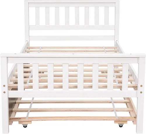 Miniatura 8 de Base de cama individual con nido, cama de plataforma individual con nido extraíble, marco de cama de plataforma doble de madera con cabecera y Blanco