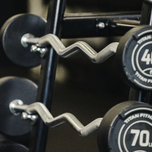 Miniatura 4 de Titan Fitness - Soporte fijo para barra de pesas con capacidad para 10 barras rectas o EZ, soporte de almacenamiento de pesas con marco en A