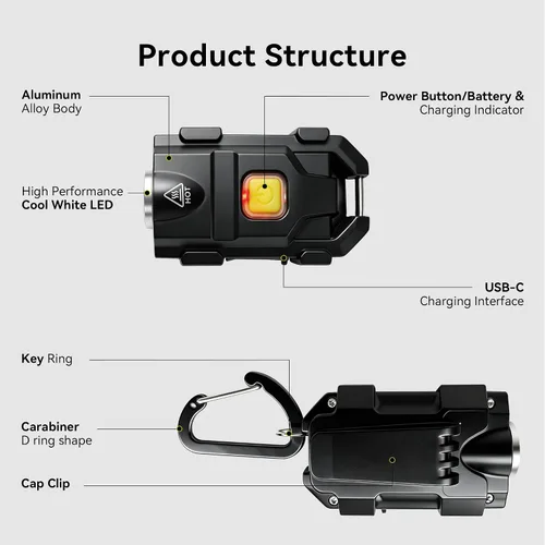 Miniatura 9 de lexall Linterna LED pequeña, paquete de 2 mini llaveros brillantes de 500 lúmenes, luces de bolsillo recargables USB con 3 modos de luces compactas