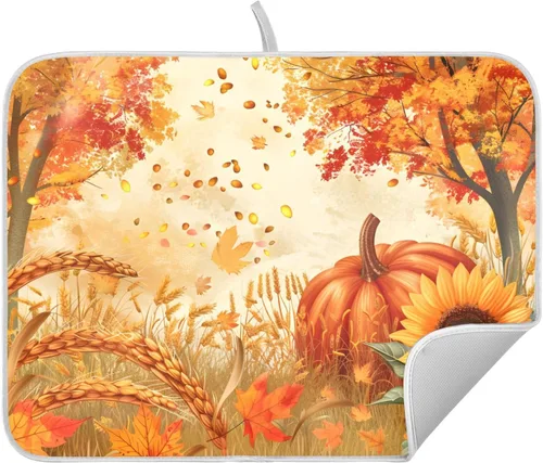 Miniatura 10 de Tapete de secado de platos de hojas de otoño y girasol, almohadilla absorbente de secado rápido, protector para encimera de cocina, 16 x 18 pulgadas