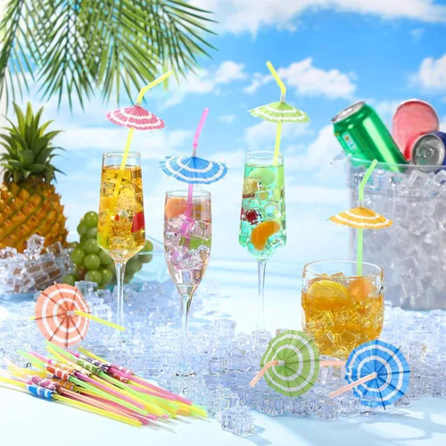 Miniatura 2 de Sieral 300 popotes para sombrillas, para decoración de fiesta Luau, pajitas de cóctel hawaianas flexibles con paraguas, popotes desechables