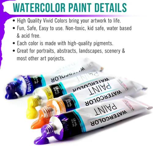 Miniatura 6 de U.S. Art Supply - Juego de pintura de acuarela de 36 colores, tubos profesionales de 12 ml, pigmentos vibrantes - Juego de pintura de acuarela