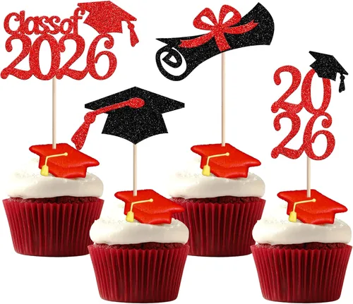 Miniatura 46 de Rsstarxi Paquete de 24 adornos para cupcakes de graduación 2026, con purpurina azul, para la clase de 2026, para diplomas, 24 piezas (6 diseños)