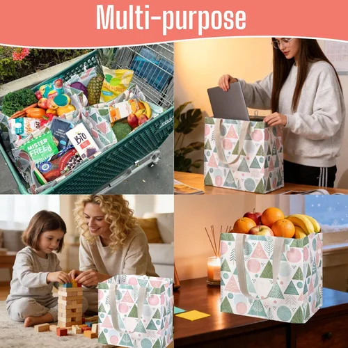 Miniatura 2 de VENO Paquete de 4 bolsas de comestibles reutilizables de Navidad, bolsas de compras resistentes con asas, para carrito de compras con parte inferior