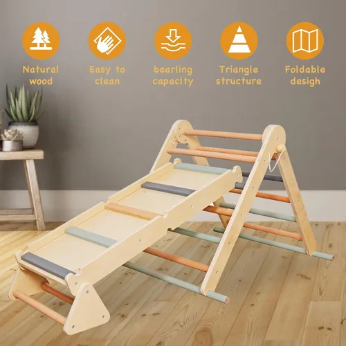 Miniatura 3 de Juego de escalada plegable para niños con escalera, rampa, haz de equilibrio; juguetes de escalada de madera triangular para niños pequeños de 1 a 3