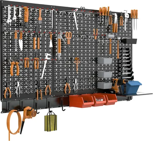 Miniatura 2 de TORACK Sistema organizador de pared de metal para garaje, 109 piezas de accesorios de tablero de clavijas, kit organizador de herramientas con cubos