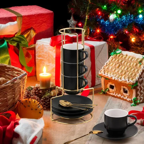 Miniatura 9 de Lareina Tazas de Espresso de Porcelana de 3 Onzas, Juego de 6, Pequeñas Tazas de Café Apilables con Platillos, Cucharas y Soporte de Metal - Tazas