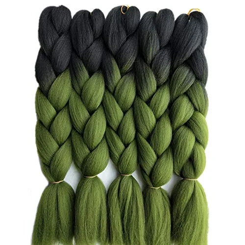Extensiones de cabello sintético trenzado de 24 pulgadas, color negro a verde oliva, dos tonos, color degradado, trenzas jumbo, paquete de 5 Negro