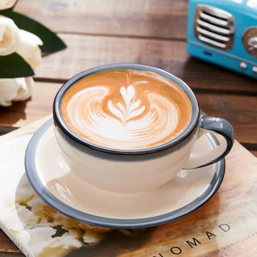 Miniatura 2 de Coffeezone Diseño Vintage 12 oz Taza de Barista de Café con Leche con Platillo para Arte de Café con Leche en Cerámica (Beige)