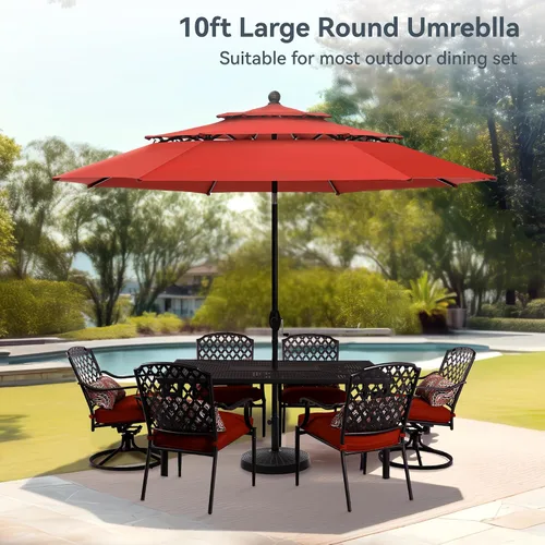 Miniatura 9 de PHI VILLA Sombrilla de patio de 10 pies, sombrilla de mesa grande ventilada de 3 niveles para exteriores, con 8 varillas resistentes y poste