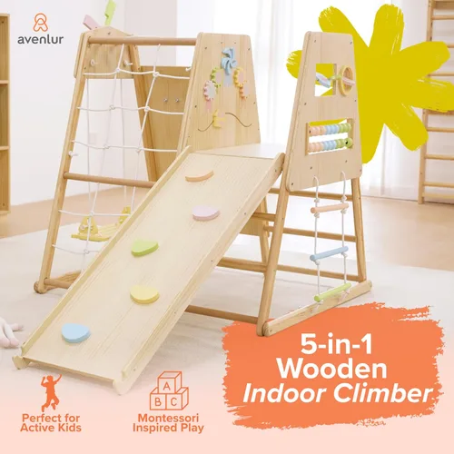 Miniatura 4 de Avenlur Cherry - Escalador de madera 5 en 1 para interiores, gimnasio Montessori para niños pequeños con tobogán, pared de roca, escalera de cuerda