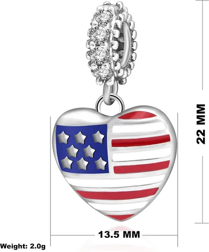 Miniatura 2 de Abalorio de plata de ley 925 con diseño de bandera estadounidense y corazón para pulsera europea