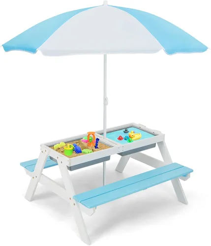 HONEY JOY Mesa de picnic para niños, mesa de madera de cedro 4 en 1 para arena y agua con 2 cajas extraíbles y paraguas, mesas de picnic para niños