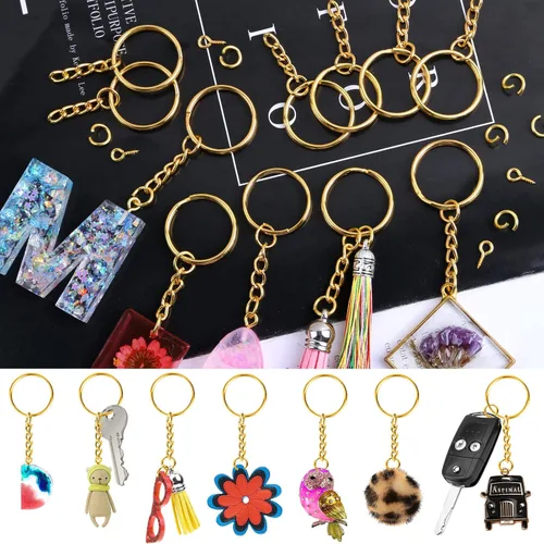 Miniatura 7 de PAXCOO - Kit de anillos para manualidades dorados, incluye 100 llaveros divididos con cadena, 100 anillos de salto y 100 pines de ojo de tornillo