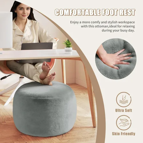 Miniatura 5 de Puf otomano redondo de relleno, pufs de piel sintética con relleno de espuma viscoelástica, otomanas para sala de estar, guardería, dormitorio, Gris