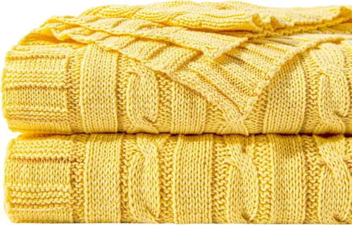 NTBAY Manta de punto de cable de 100 % algodón puro, súper suave y cálida de 51 x 67 pulgadas, manta de punto para sofá, sillón, cama, extra Amarillo