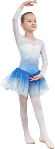 Miniatura 120 de EQSJIU Leotardo de baile de manga larga para niñas, vestido de ballet brillante con copo de nieve, tutú con falda tutú para niñas